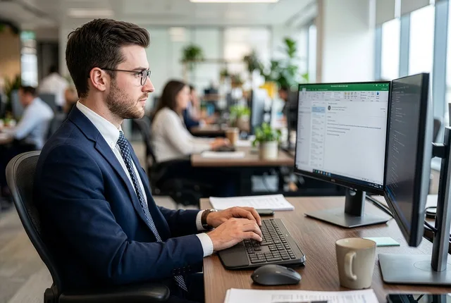 man, office, computer, work, business, working, company, career, suit, young, corporate, professional, marketing, office worker, desk, computer screen, multitasking, time management, focus, meeting room. How to assess agency reviews of prospecting software
