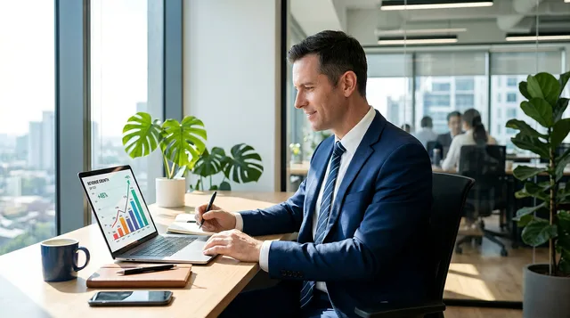 businessman, office, computer, meeting, chart, suit, body parts, analysis, forecast, workstation, laptop, cup, laptop computer, collaboration, colleagues, strategy, statistics, employment, manager. How to model a lead generation software budget