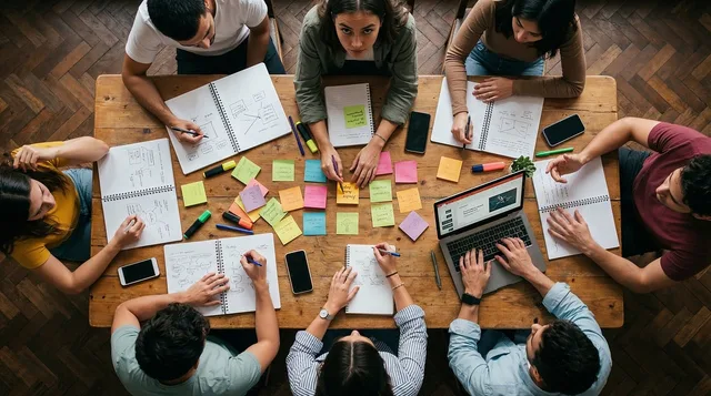 eam, workshop, office, collaboration, sticky notes, planning, strategy, brainstorming, table, overhead, people, working, laptop, notebooks, creativity, business, meeting, together, analysis, group, ai generated. How to build a prospecting software strategy your sales team will follow